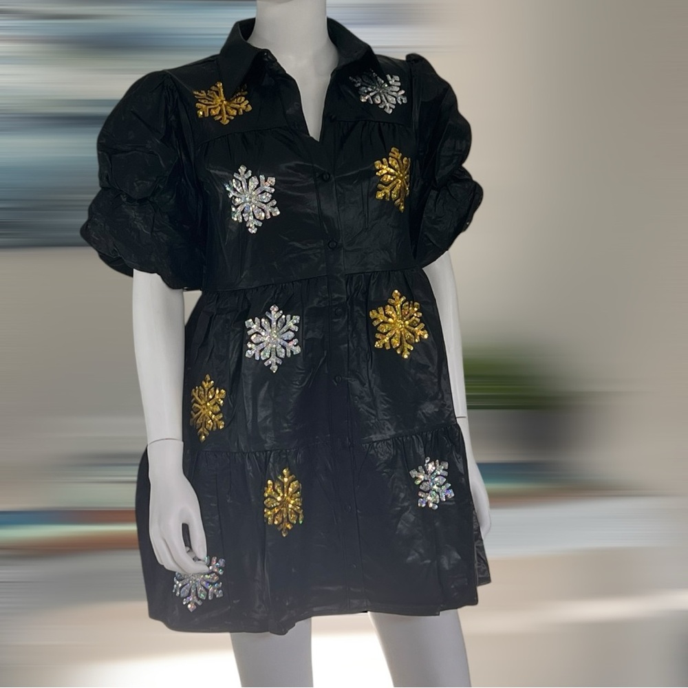 PEACH LOVE CALIFORNIA pleather black sequin snowflake holiday mini dress S M L - Picture 7 of 13